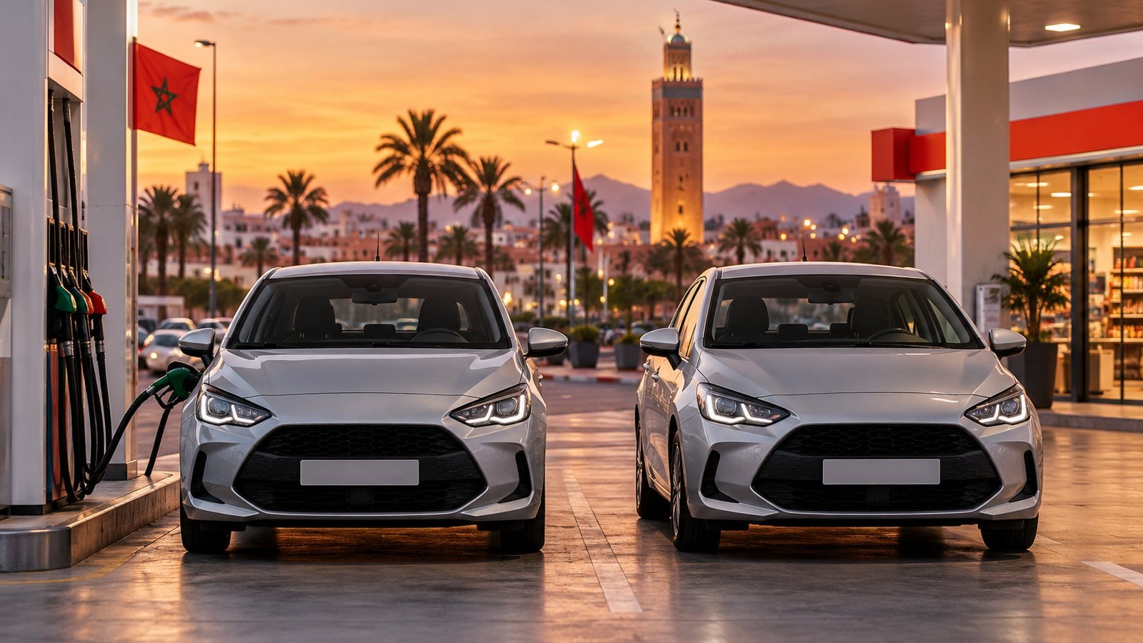 Hybride ou essence au Maroc : le calcul qui tranche (avec 4 vrais exemples 2026) 1 Deux voitures compactes identiques à une station-service au Maroc