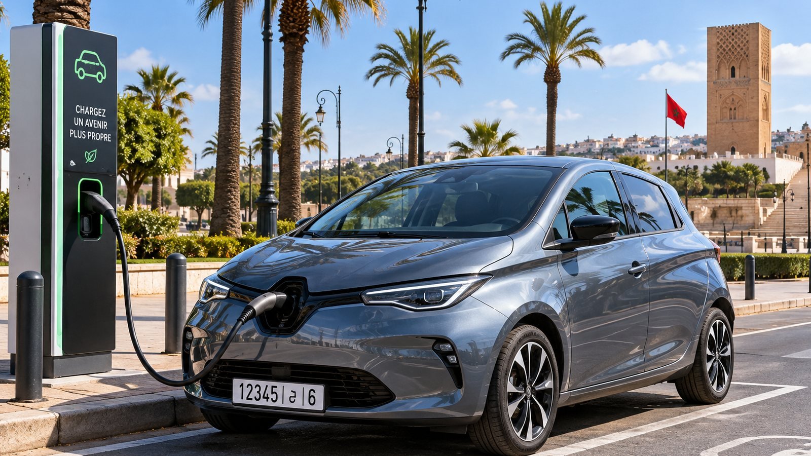 Voiture électrique en recharge dans une rue de Rabat