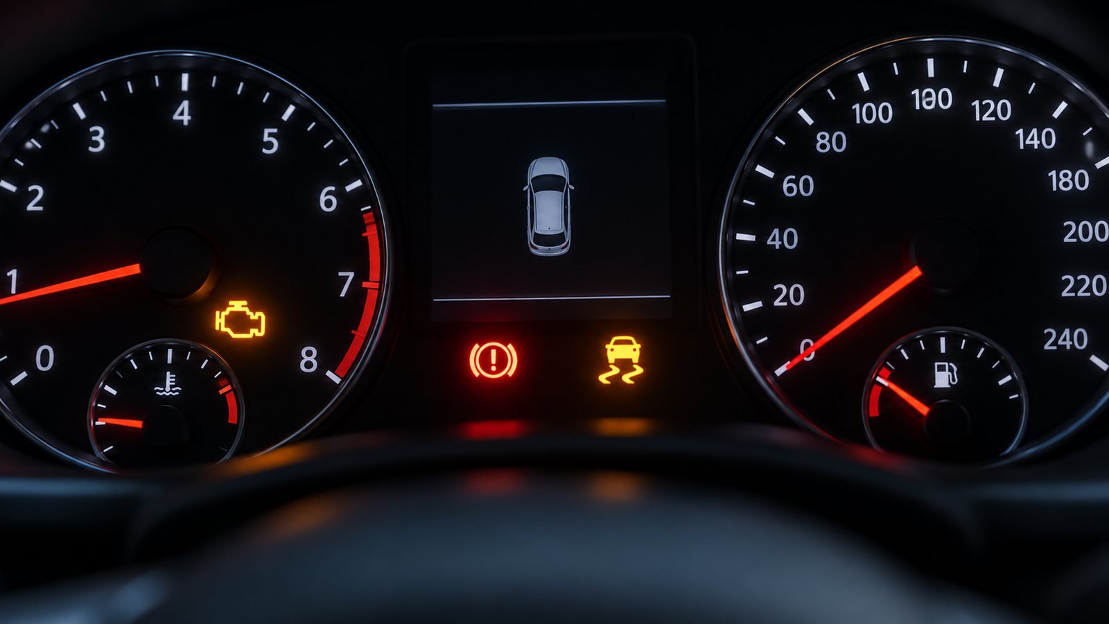 Voyants allumés sur un tableau de bord de voiture la nuit