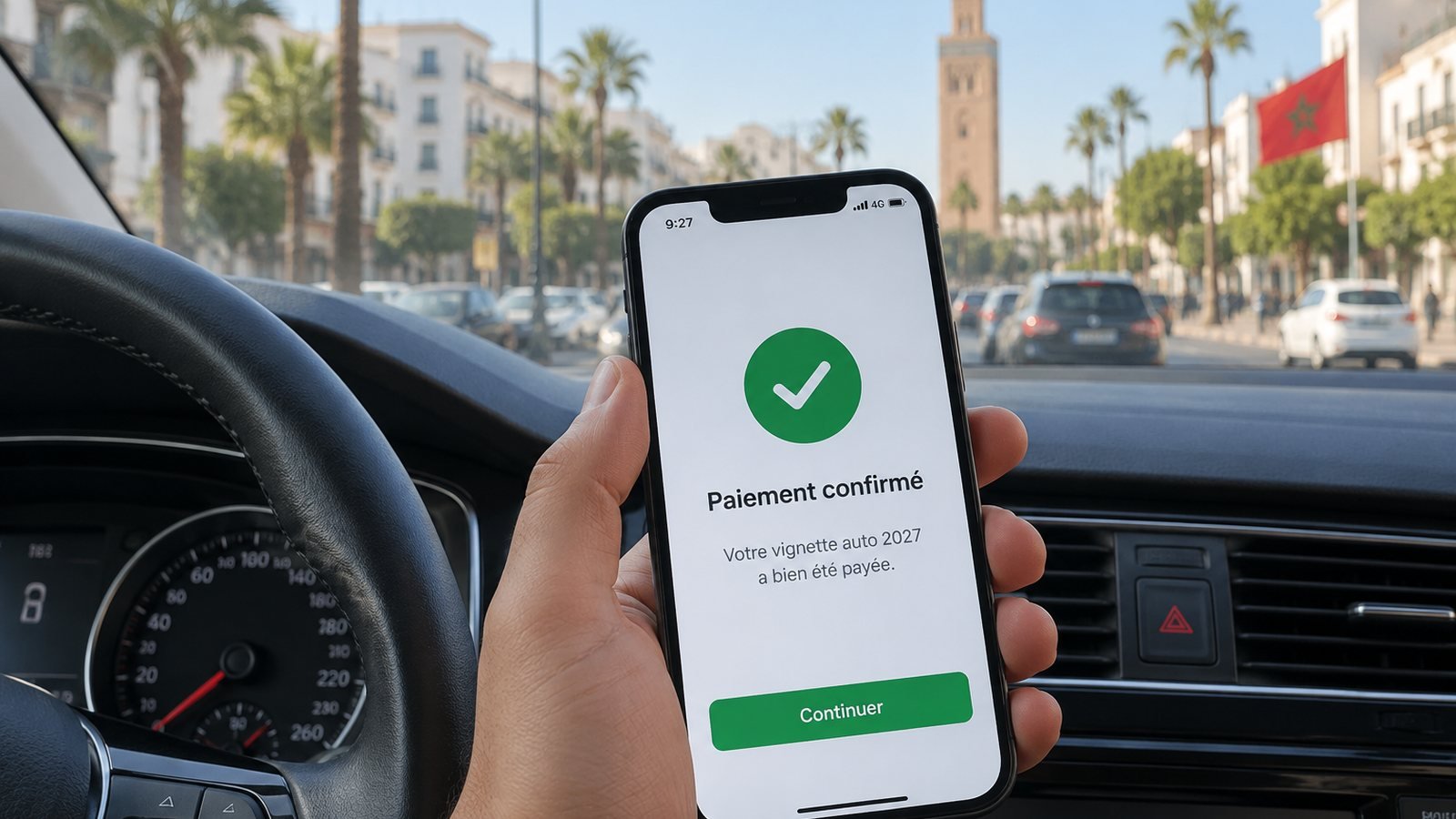 Vignette auto 2027 au Maroc : tarifs, exonérations, délais et combien vous allez payer 1 Paiement de la vignette auto confirmé sur un smartphone